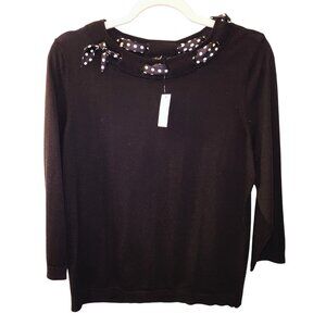 Talbots Sweater Black LP Large Petites Women's Cotton 3/4 Sleeve Neck Tie Preppy